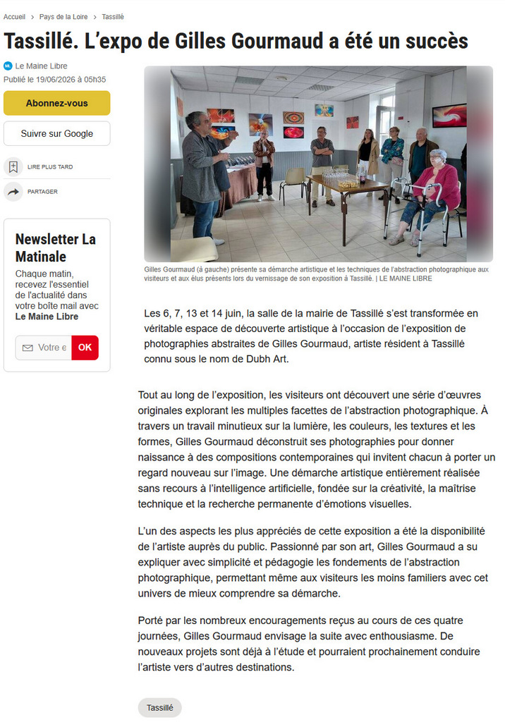 Article du 19 Juin 2026 paru dans le Maine Libre. Abstractions photographiques. Gilles Gourmaud